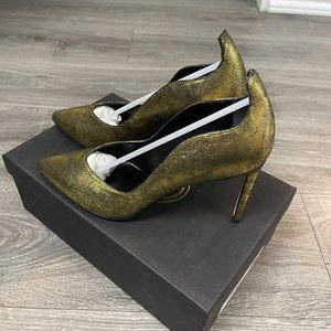 NIB Delman New York Brie Leather Crackled Pumps Gold Heels Made In Italy Sz 7.5